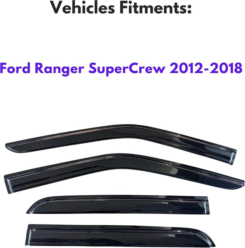 KPY Window Visor Compatible with Ford Ranger SuperCrew 2012-2018, Rain Guard Side Window Vent Deflectors Tape-On Style, 2012 2013 2014 2015 2016 2017 2018, Black - Image 2